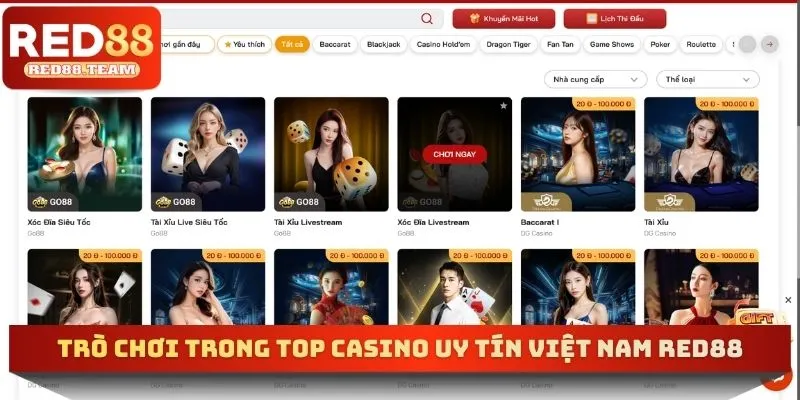 Trò chơi trong Top casino uy tín Việt Nam RED88